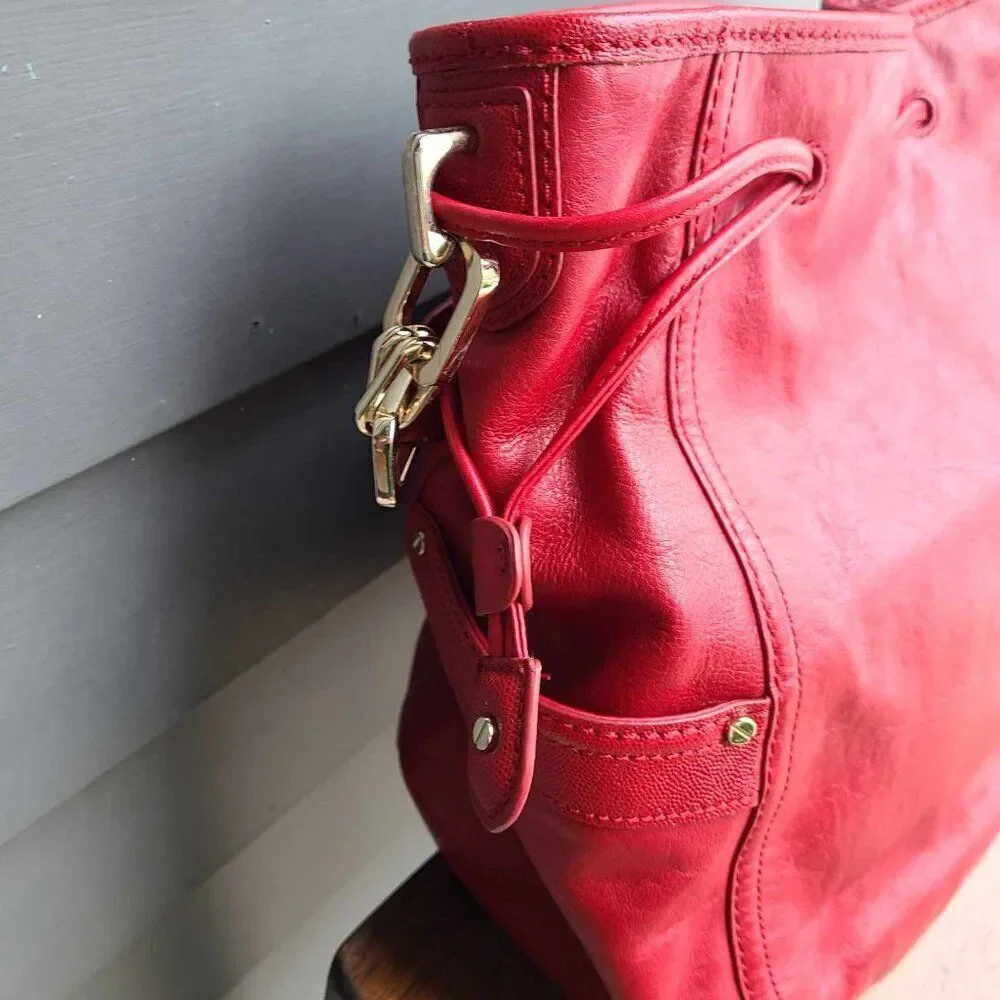 Cole Haan Red Leather Large Side Pull Drawstring Hobo Bag NWOT!